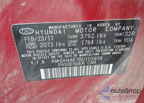 2011 Hyundai Elantra Gls (Ulsan Plant) z USA, uszkodzony, nr VIN KMHDH4AE7BU103936